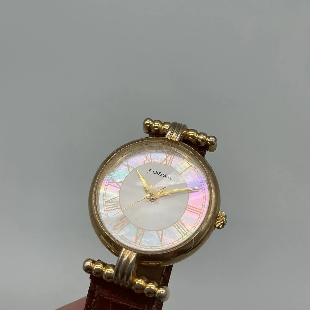 Vintage Fossil PC-9211 Womens Watch 27mm MOP Rivoli Brown Leather New Battery
